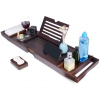 Bamboo Bathtub Tray with Tablet and Wine Holder Extendable Sides Nonslip Bottom Bath Organizer